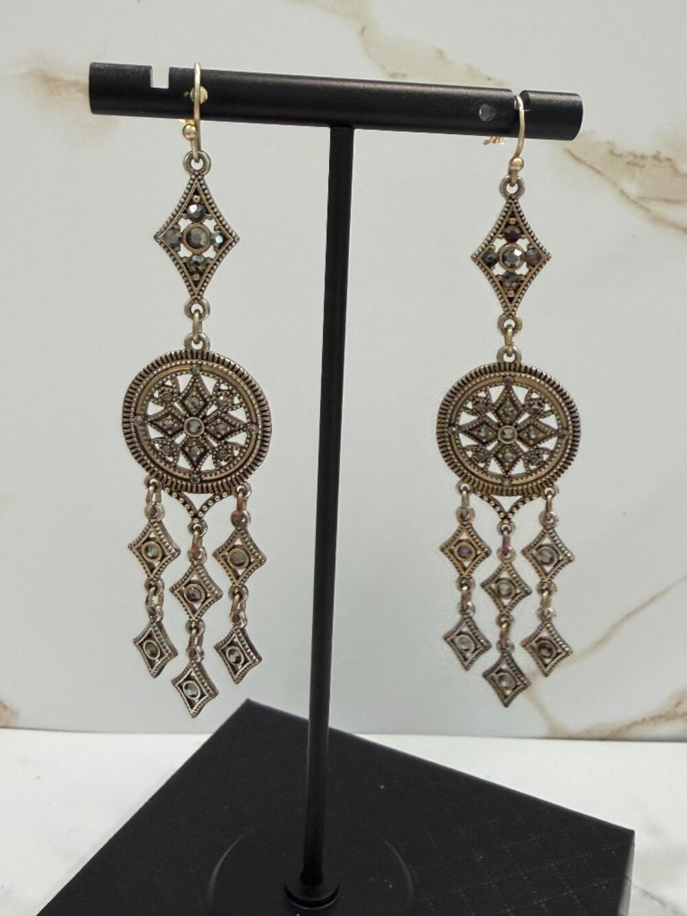 Vintage Style Antique Bronze Filigree Chandelier Drop Earrings French Wire